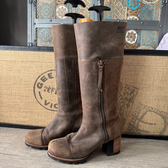 Sorel Addington Women's Boots Tall Heel 7.5 Brown Leather NL2301 Waterproof - Picture 1 of 6